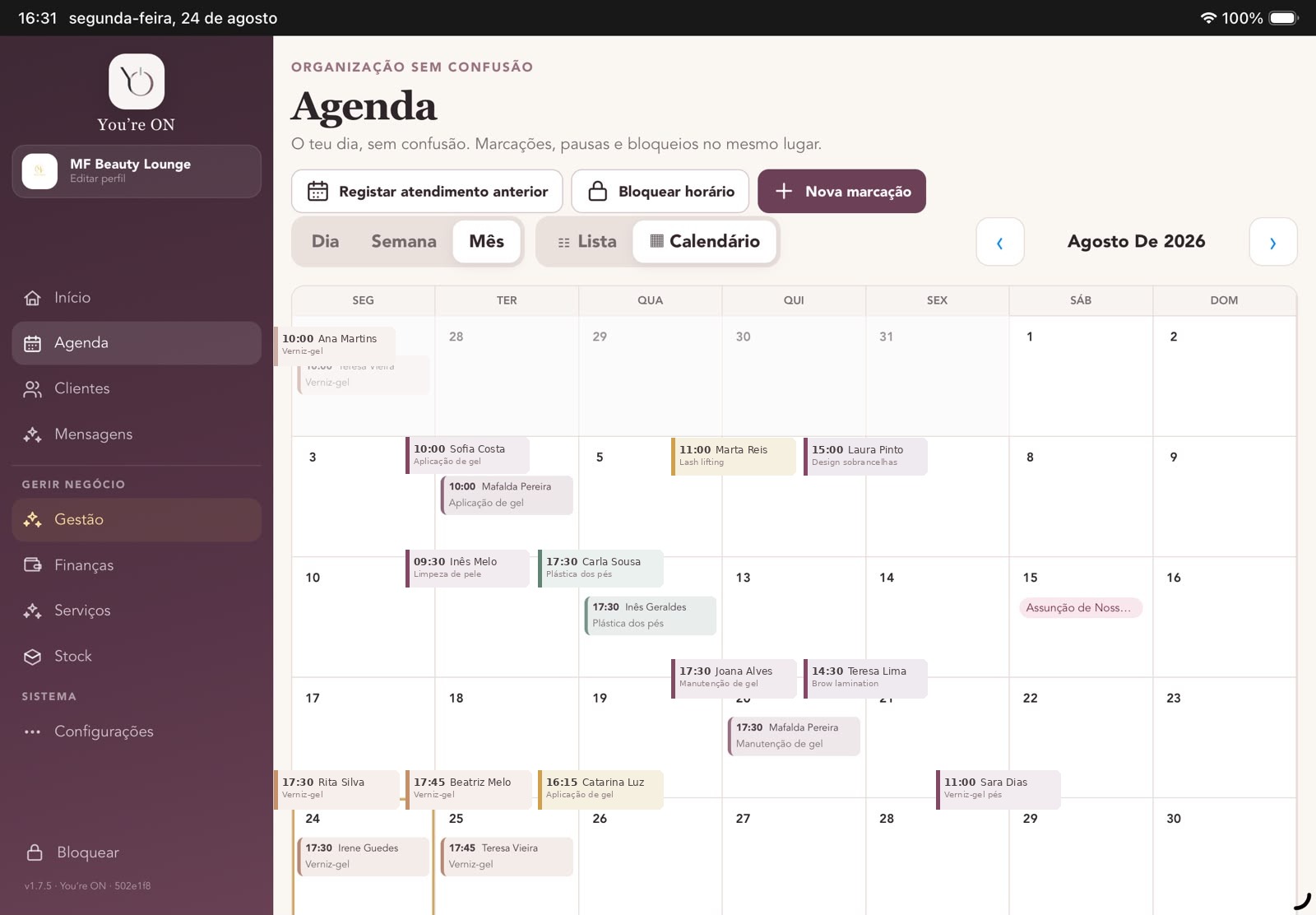 Agenda mensal real da You’re ON com dados demonstrativos