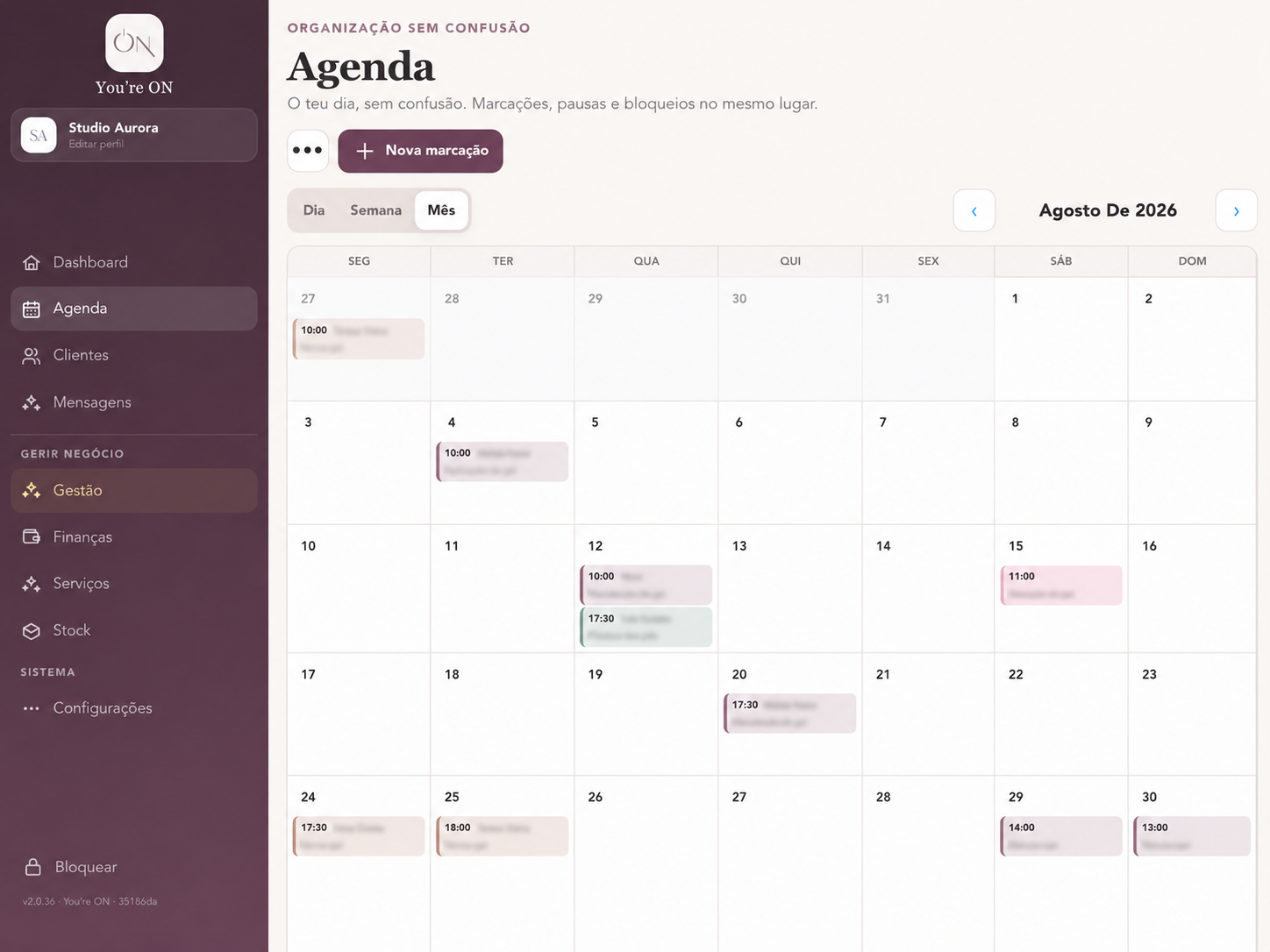 Agenda mensal da You’re ON com os nomes das clientes protegidos