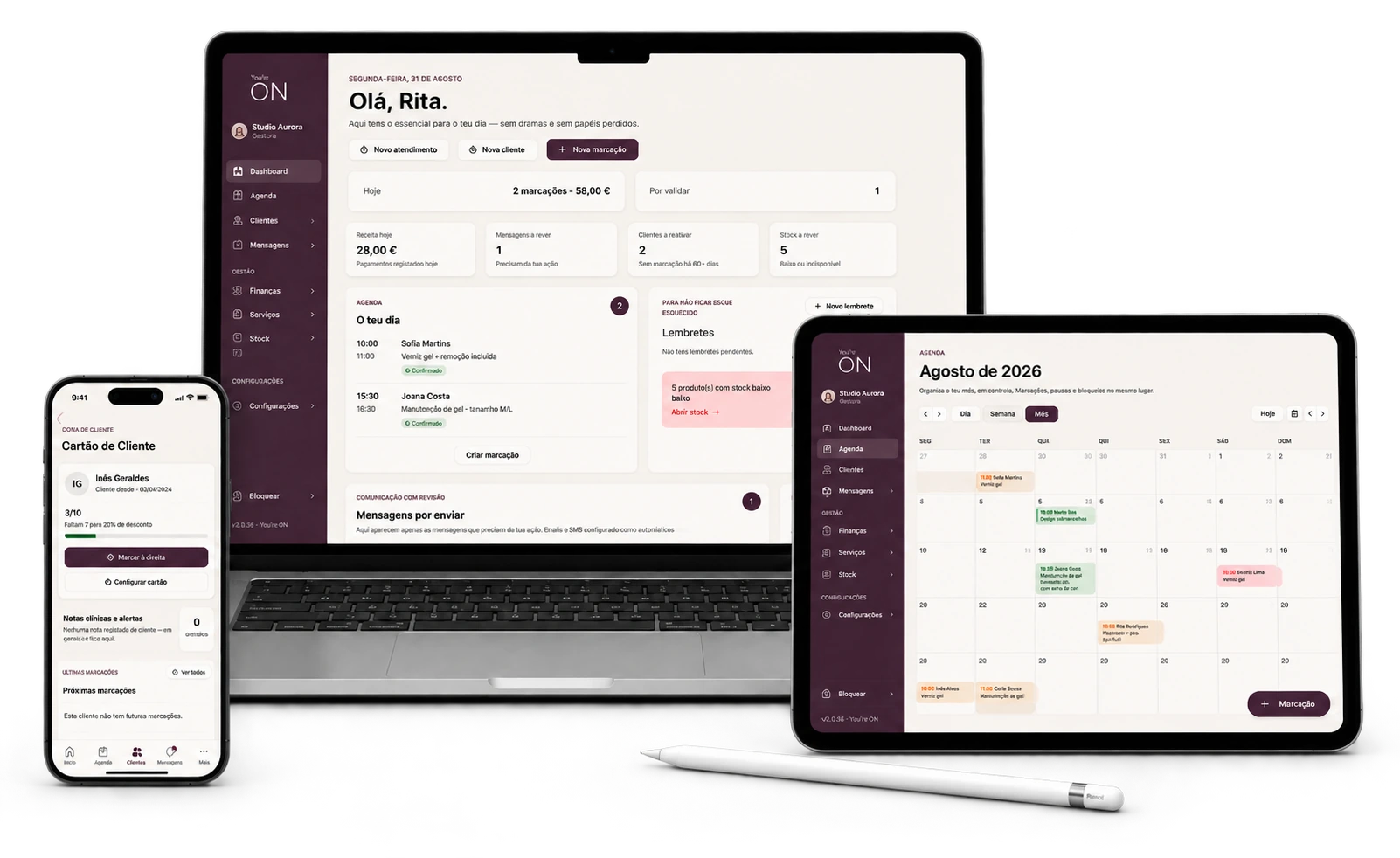 You’re ON apresentada em portátil, tablet e telemóvel com dashboard, agenda e ficha de cliente