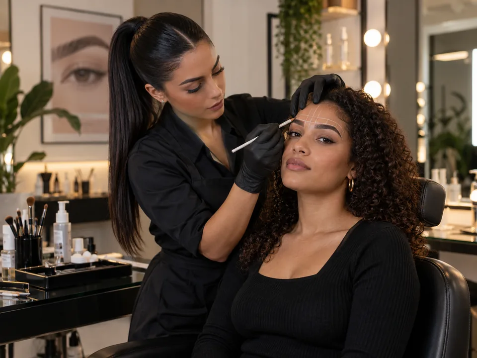 Brow artist durante um serviço de sobrancelhas