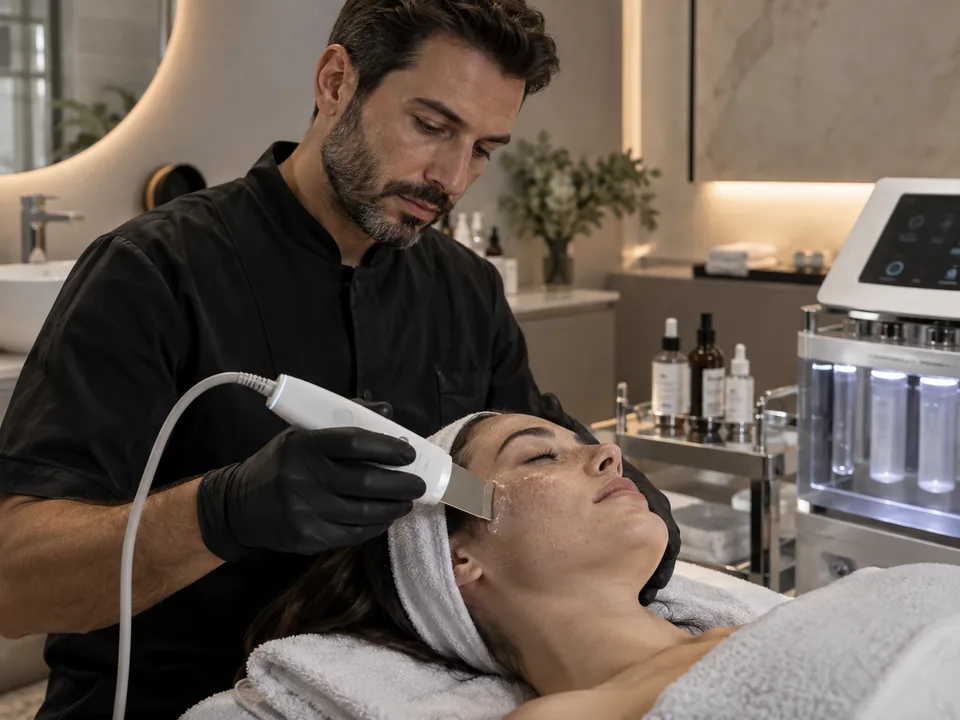 Profissional durante um tratamento facial